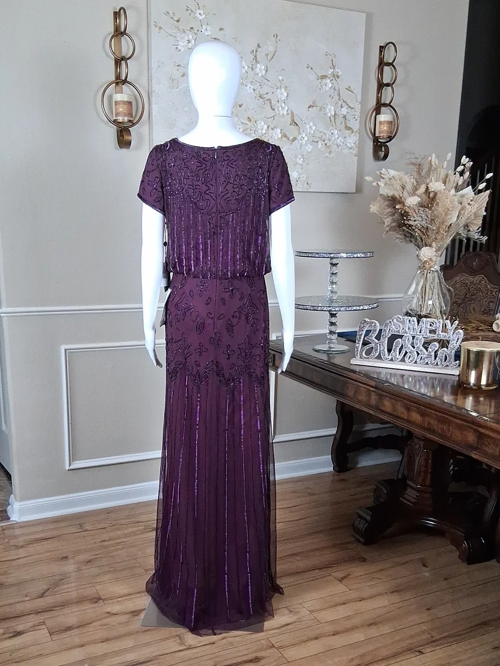 New Adrianna Papell Evening Beaded Dress Plum Floor-Length Short Sleeves Small - Picture 10 of 16